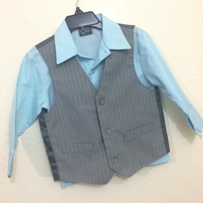 Perry Ellis Portfolio Boys 3T Formalwear 2-pc Set Shirt and Vest Blue Gray NWOT