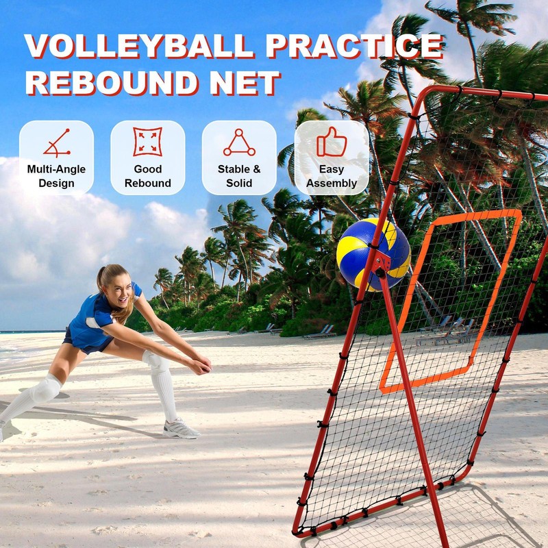 7x4FT Volleyball Rebounder Net, Baseball Lacrosse Rebounder Pitchback Net With 2 X 6-Angle Quick Adjustments, Target Ribbon For Precision, Easy Quick