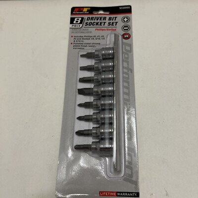 Performance Tool 8 Piece Driver Bit Socket Set W38860, With Steel Rack, 3/8  Dr