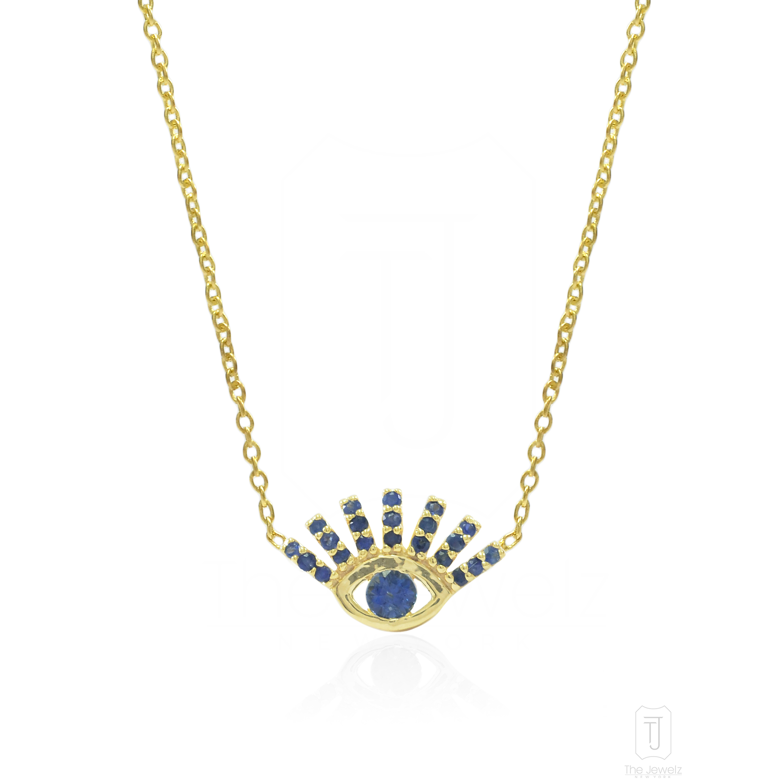 14K Gold 0.50 CT Blue Sapphire Gemstone Evil Eye Fine Pendant Necklace
