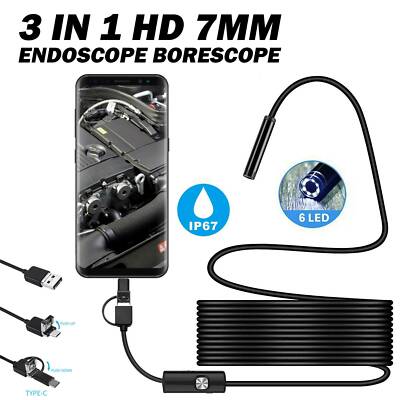 6LED 7mm Endoscope Waterproof HD Borescope Inspection Camera USB Android Type C