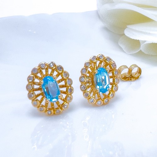 14k Yellow Gold Swiss Blue Topaz & Diamond Halo Oval Stud Earrings, New - Picture 6 of 11