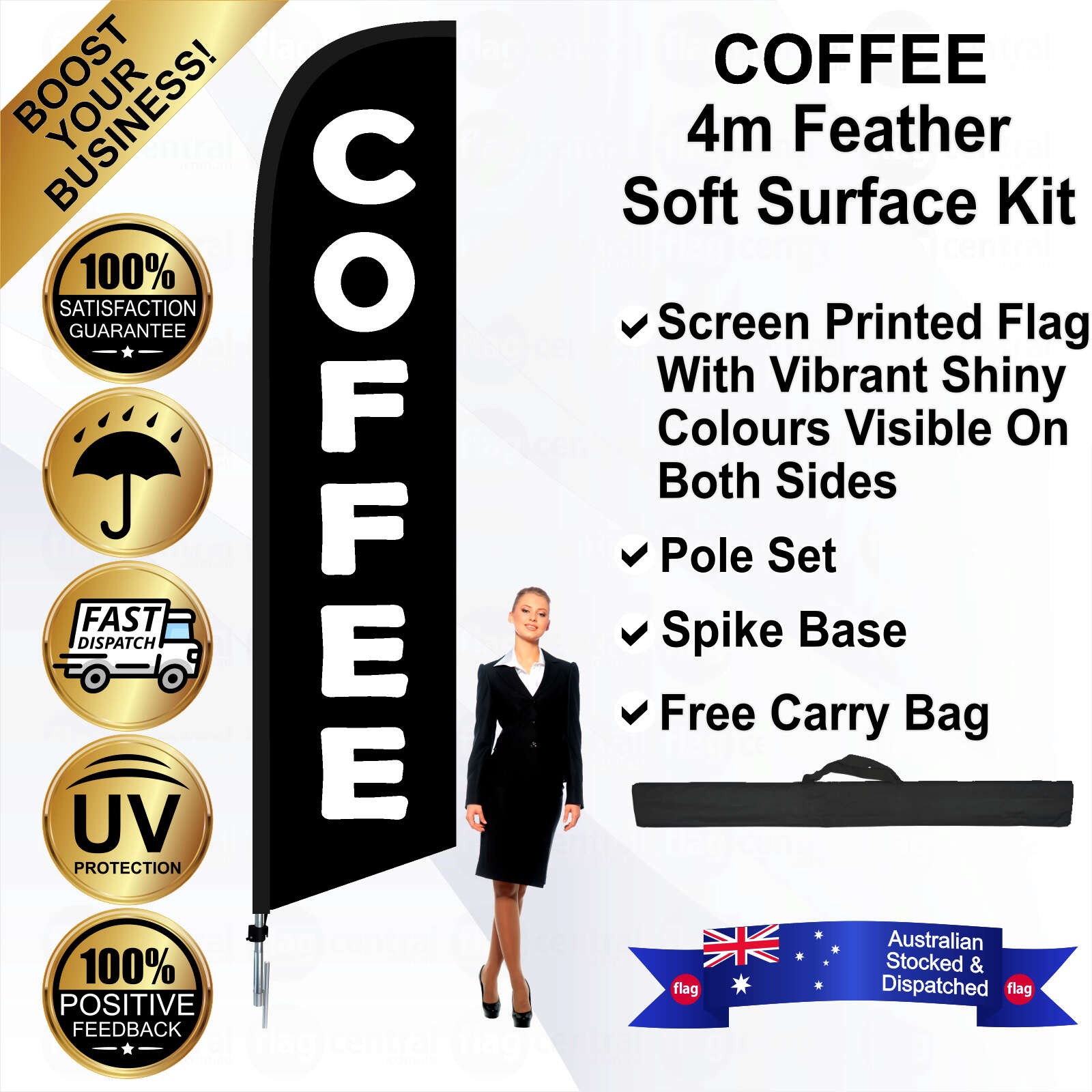 COFFEE Black 4m Feather Flag / Banner Kit with Pole Set, Galvanised Steel Ground Spike and a Free Carry Bag