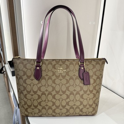 NWT COACH CH504 Gallery Tote Signature Canvas  Khaki/Deep Berry