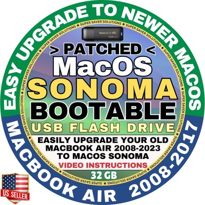 MacOS SONOMA Bootable USB PATCHED for UNSUPPORTED Apple MACBOOK-AIR, SHIPS FAST