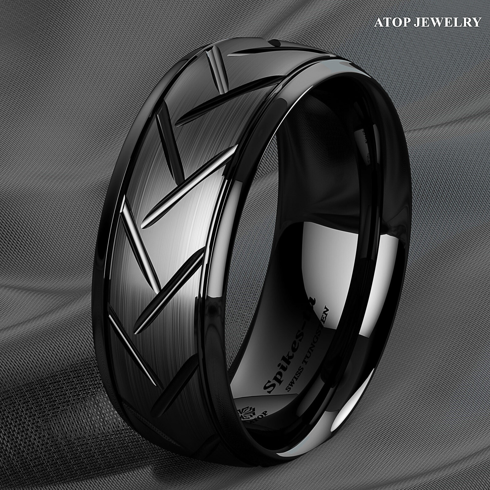 8/6mm Dome Black Brushed Tungsten Ring for Mens Wedding Band Bridal ATOP Jewelry