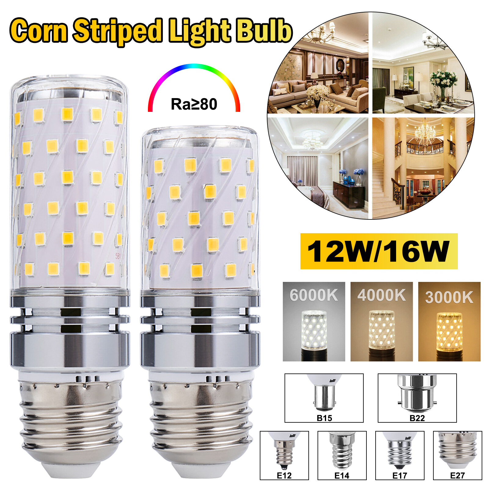 E14/27/12/17 B15/22 LED Corn Light Bulb 16W Candelabra Ceiling Fan Lamp Daylight