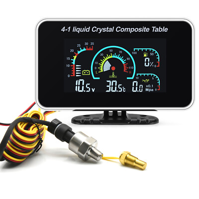 4 in 1 LCD Car Digital Gauge Voltmeter Oil Pressure Fuel Level Water Temp 12-24V