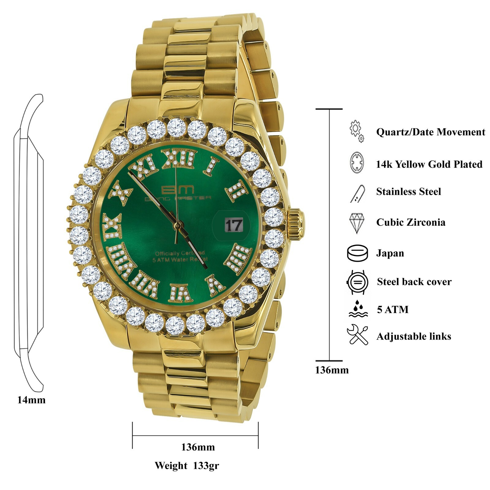 Pre-owned Bling Master 18k Gold Solid Steel Green Dial Simulated Diamond Presidential Men's Watch 42mm