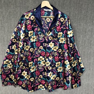 Honors Pajama Top Womens 3XL XXXL Blue Satin Floral Button Up Ladies Night Plus