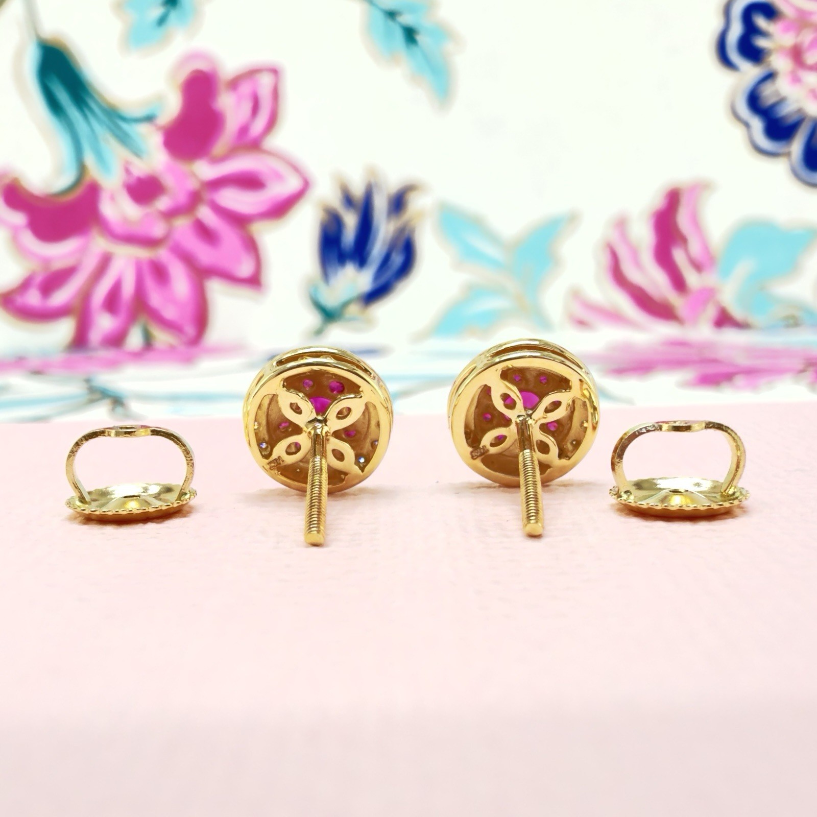 14k Yellow Gold Genuine Ruby & Diamond Halo Stud Screw-Back Earrings, New - Picture 5 of 10