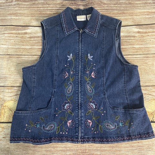 Alfred Dunner Womens Denim Floral Embroidered Full Zip Lined Jacket Plus Sz 18