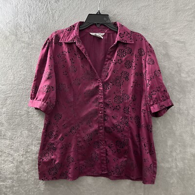 Fred David Button Up Top Womans XL Floral Pink Short Sleeve V Neck Flaws Read