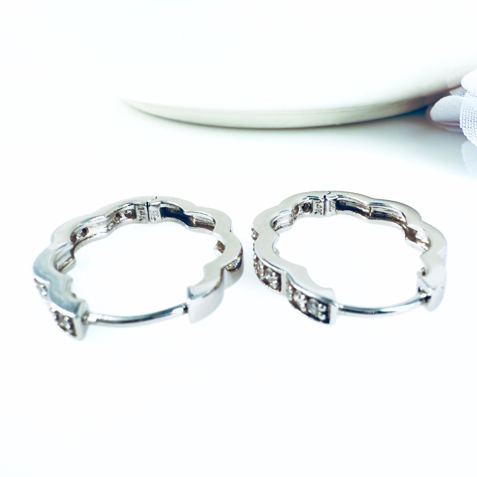14K White Gold & Genuine Diamond Scalloped Oval Hoop Earrings, New - Picture 8 of 19
