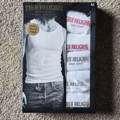 TRUE RELIGION 5-Pack Men's Size M - White Premium Cotton Logo Ribbed Tanks - NIB