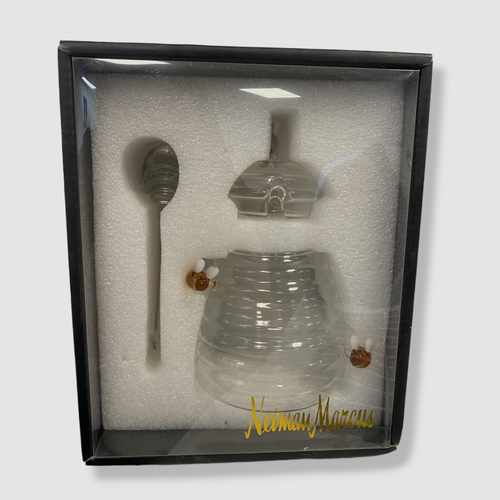 $42 Neiman Marcus Botanical Clear Glass Lid Bee Kitchen Handcrafted Honey Jar
