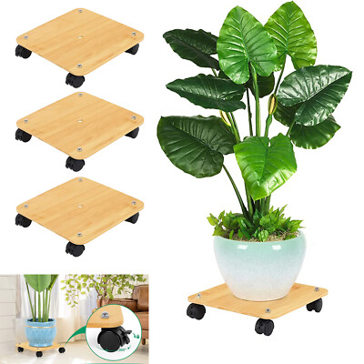 4 Pcs Plant Flower Caddy w/Wheels Lockable Wood Plant Stand Bonsai Rolling Stand