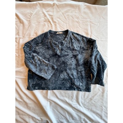 Solitaire Womens Tie Dye Henley Sweatshirt Grey Charcoal Long Sleeve Crop Top L