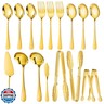 MWELLEWM 17Pcs Serving Utensils, Gold Stainless Steel Large Serving Spoons, Slotted Spoon, Fork, Tongs, Cake Pie Server, Soup Spoon, Metal Buffet Banquet Cutlery Set for Parties Entertaining Catering