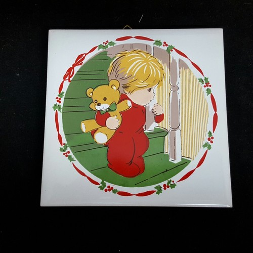 Ceramic Tile Christmas Trivets Vintage Jasco Boy Teddy Bear Girl Praying NIB