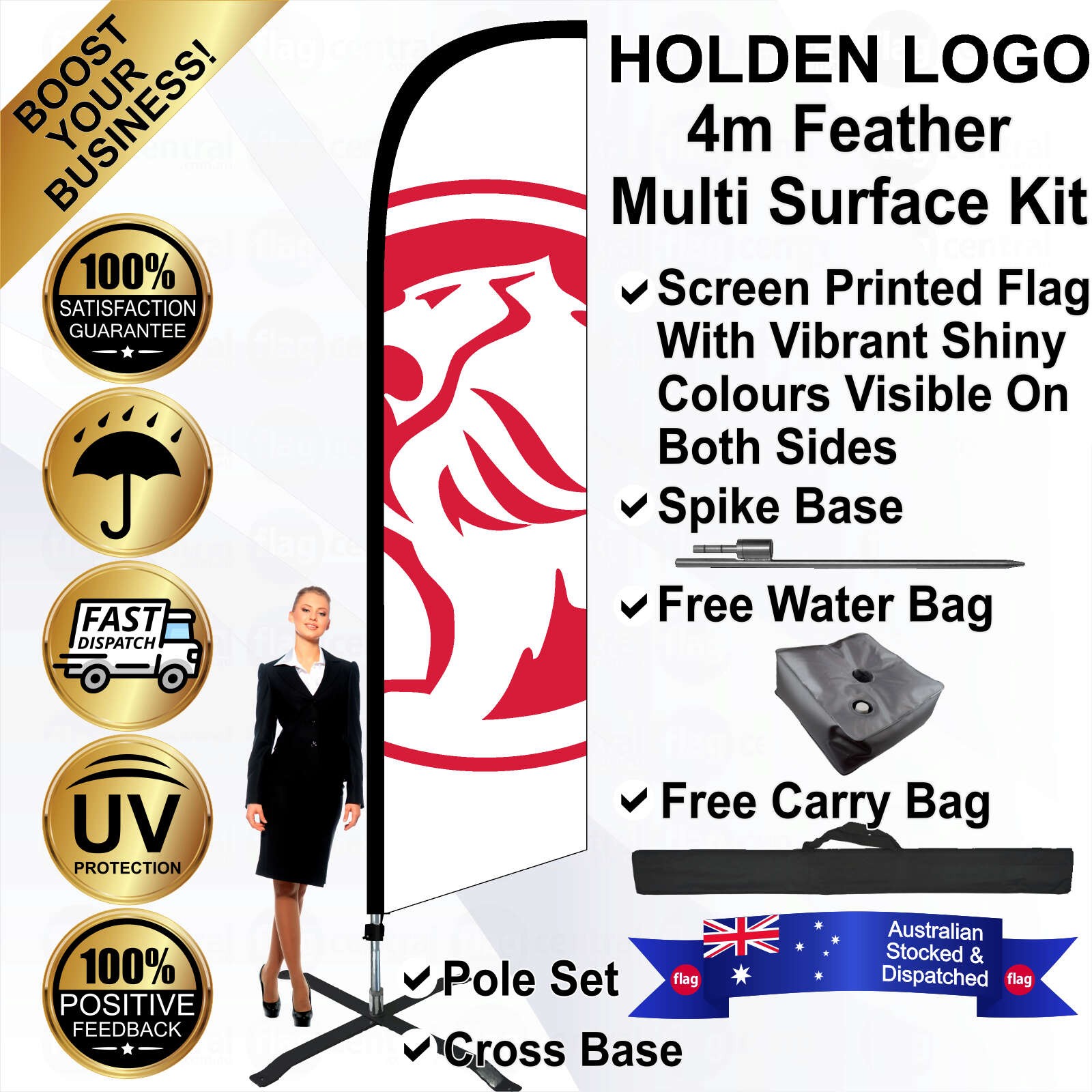 HOLDEN LOGO White 4m Feather Flag / Banner Kit with Pole Set, Galvanised Steel Ground Spike, Steel Outdoor Cross Base, Free 15kg Water Bag and a Free Carry Bag