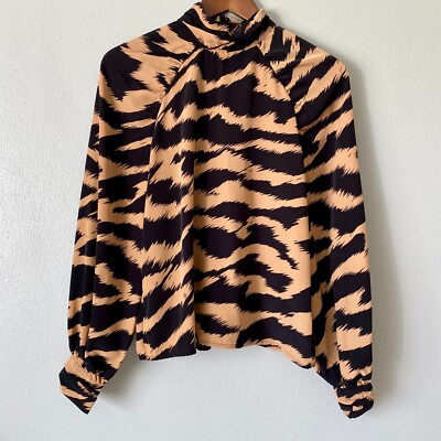 Vero Moda Women's Small Animal Print Black Tan Chic Satin Blouse