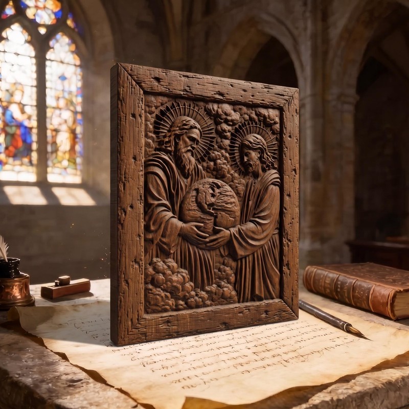 God Creating Earth Wooden Carved Handmade Christian Icon | Byzantine Home Decor