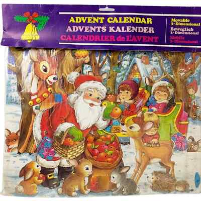 NOS VTG Danish design 3D movable advent calendar 13''x16'' Santa Deer Kids Village