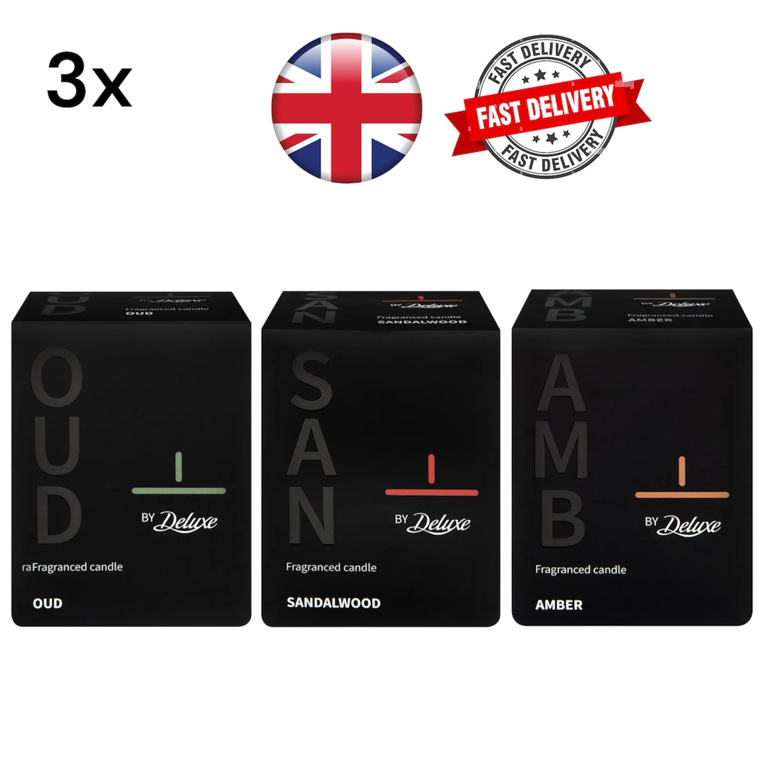 Deluxe Fragranced Candle 3x Bundle Oud Amber Sandalwood Luxury Home Scent UK
