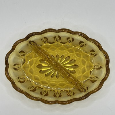 Vintage AMBER  Oval Divided Candy Nut Relish Dish 7 X 5