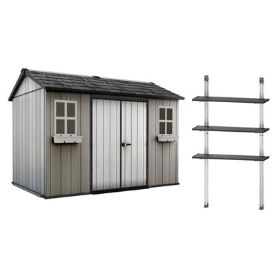 Keter Oakland 11 x 7.5' Outdoor Garden Storage Shed with 40 Inch Steel Shelf Kit