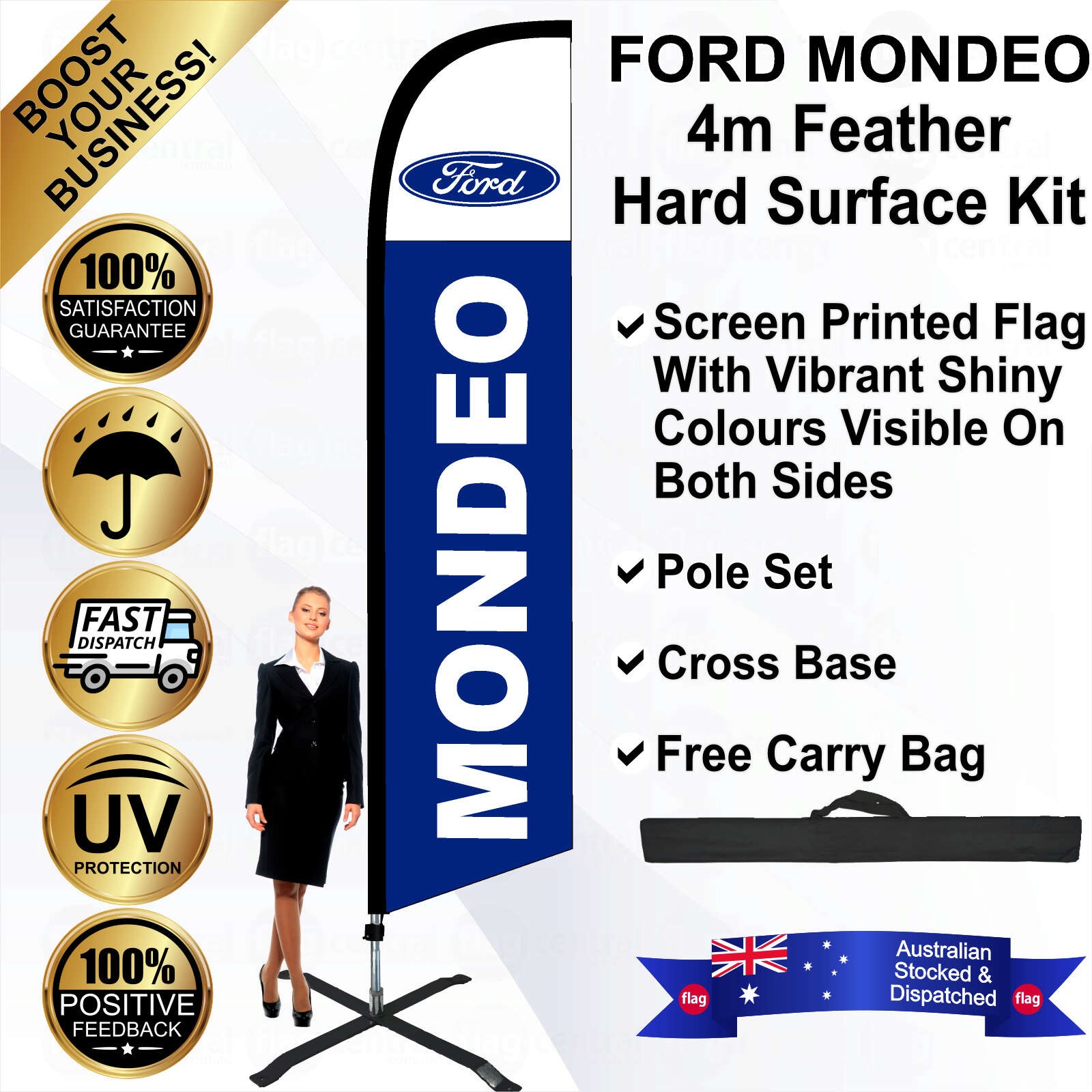 FORD MONDEO Blue 4m Feather Flag / Banner Kit with Pole Set, Steel Outdoor Cross Base and a Free Carry Bag