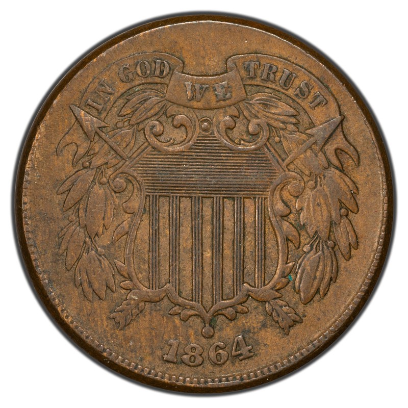 United States 1864 Re-Punched Date Large Motto Two Cent Coin