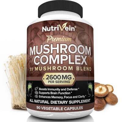 Nutrivein Mushroom Supplement 2600mg - 90 Capsules - 11 Blend Lions Mane Reishi