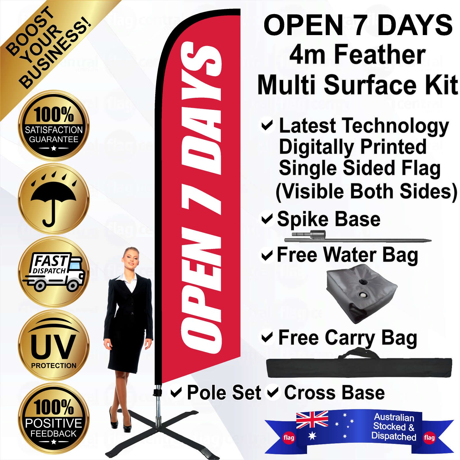 OPEN 7 DAYS Red 4m Feather Flag / Banner Kit with Pole Set, Galvanised Steel Ground Spike, Steel Outdoor Cross Base, Free 15kg Water Bag and a Free Carry Bag