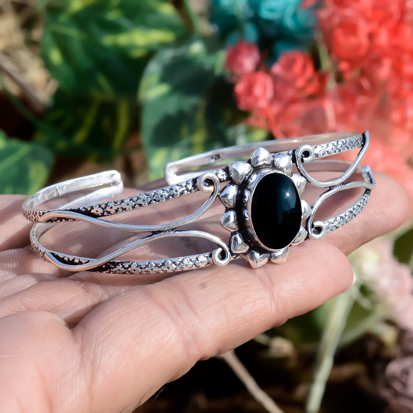 Black Onyx Gemstone Bracelet 925 Sterling Silver Cuff Bangle