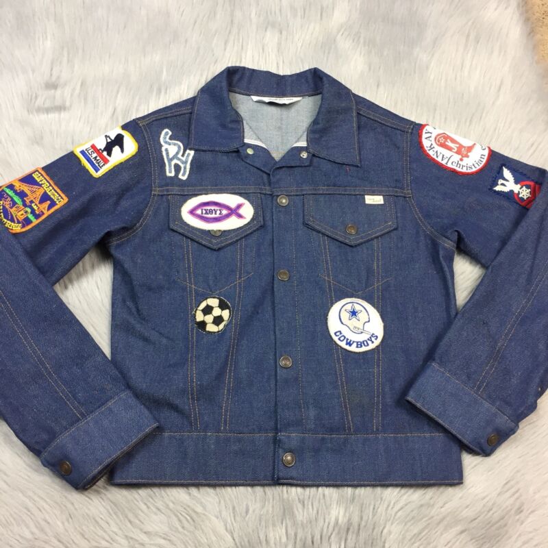 Vintage 70s Jcpenney Boys Dark Denim Jean Snap Up Jacket With Patches