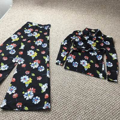 Vintage 70s Hippy Flared Pants & Top XS Black Floral Party Disco Dance Retro