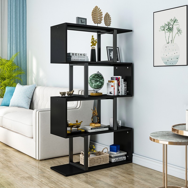 57" Tall 5-Tier S Shaped Bookshelf Geometric Bookcase Wooden