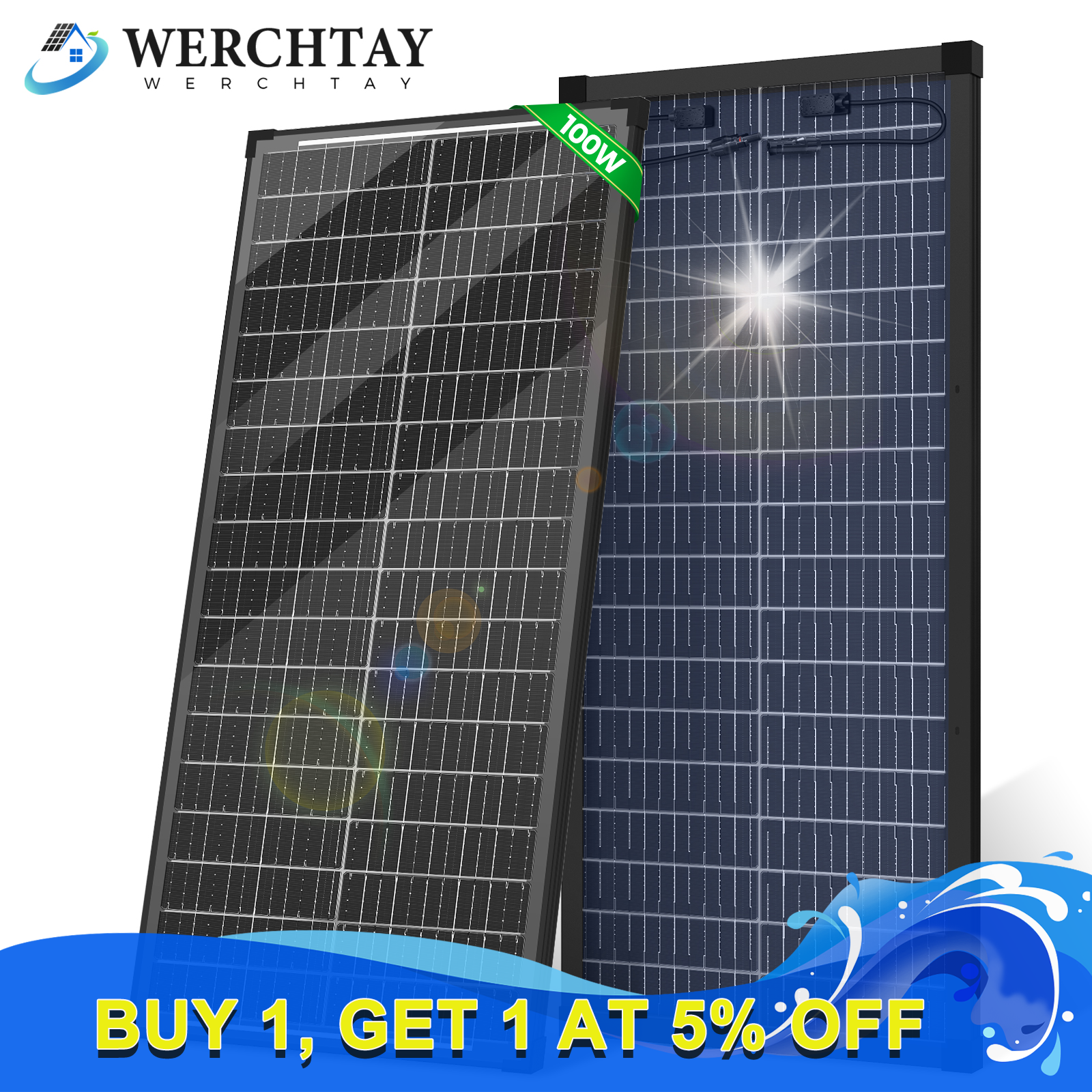 100 Watt Bifacial Solar Panel 12V Home PV Power Off-Grid RV Camper System Carava