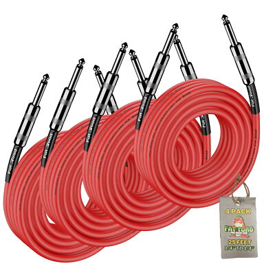 PA Speaker Cables 25FT (4 PACK) FAT TOAD Pro-Audio Wire Quarter Inch Male Jack