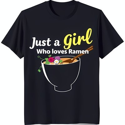 Just a Girl Who Loves Ramen Black T-Shirt with Graphic of Ramen & Flowers