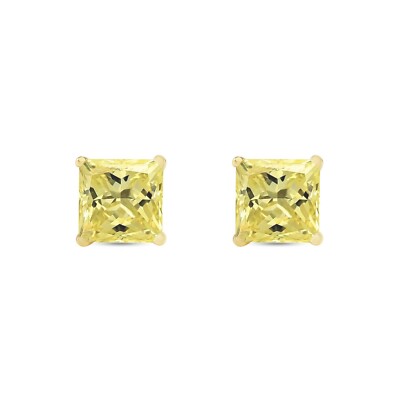 Pre-owned Shine Brite With A Diamond 3 Ct Princess Cut Canary Earrings Studs Solid 14k Yellow Gold Screw Back Basket