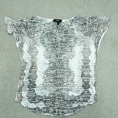Agb  Blouse Women Size Small Gray Brown Paisley Sheer Caps Sleeve