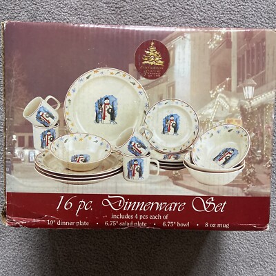Snowman 16 Pc Christmas Dinnerware Enchanted Forest 2003 Plates Bowls Mugs
