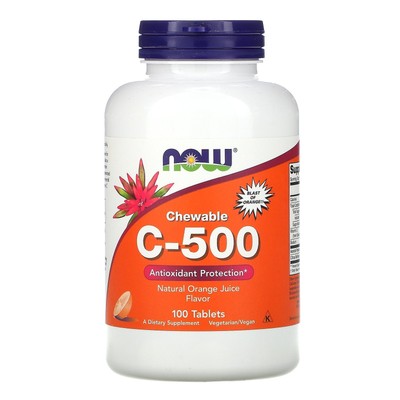 Now Foods Chewable C-500 со вкусом апельсинового сока 100 таблеток с гарантией качества GMP,