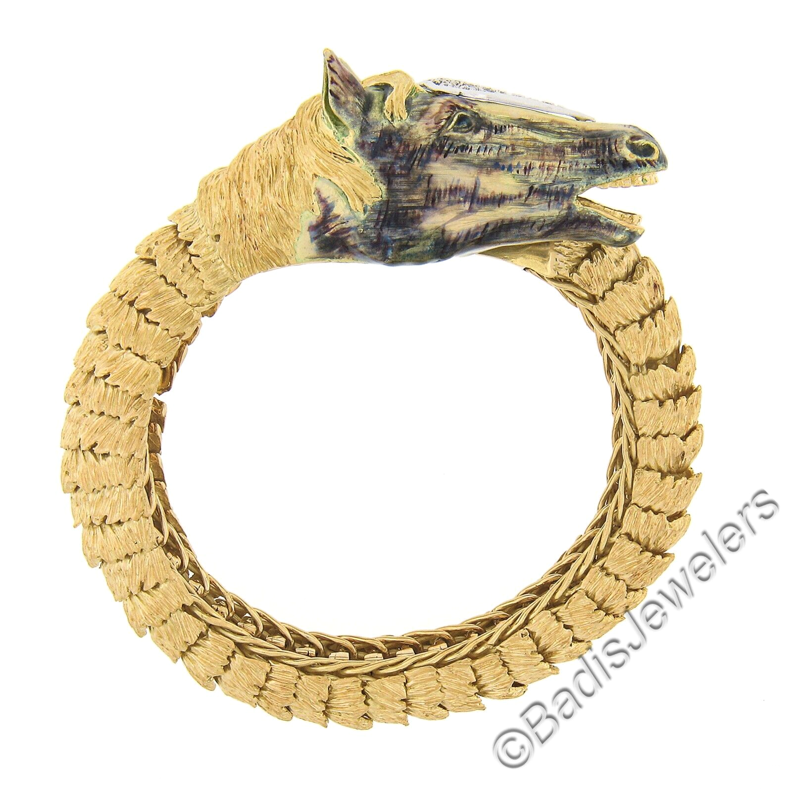 Vintage 18k Gold Textured Detailed Enamel 3D Horse Head