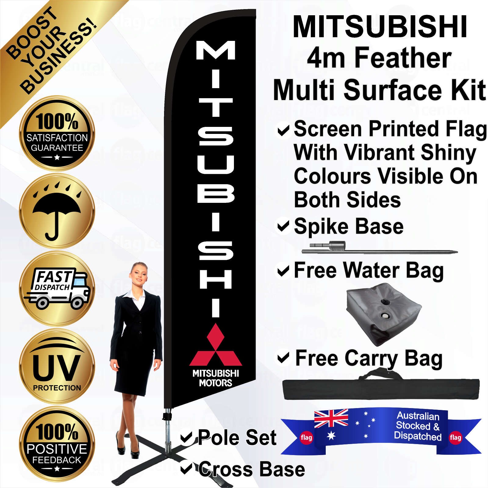 MITSUBISHI Black 4m Feather Flag / Banner Kit with Pole Set, Galvanised Steel Ground Spike, Steel Outdoor Cross Base, Free 15kg Water Bag and a Free Carry Bag