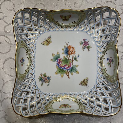 Herend Queen Victoria Large Reticulated Square Porcelain Dish-MINT