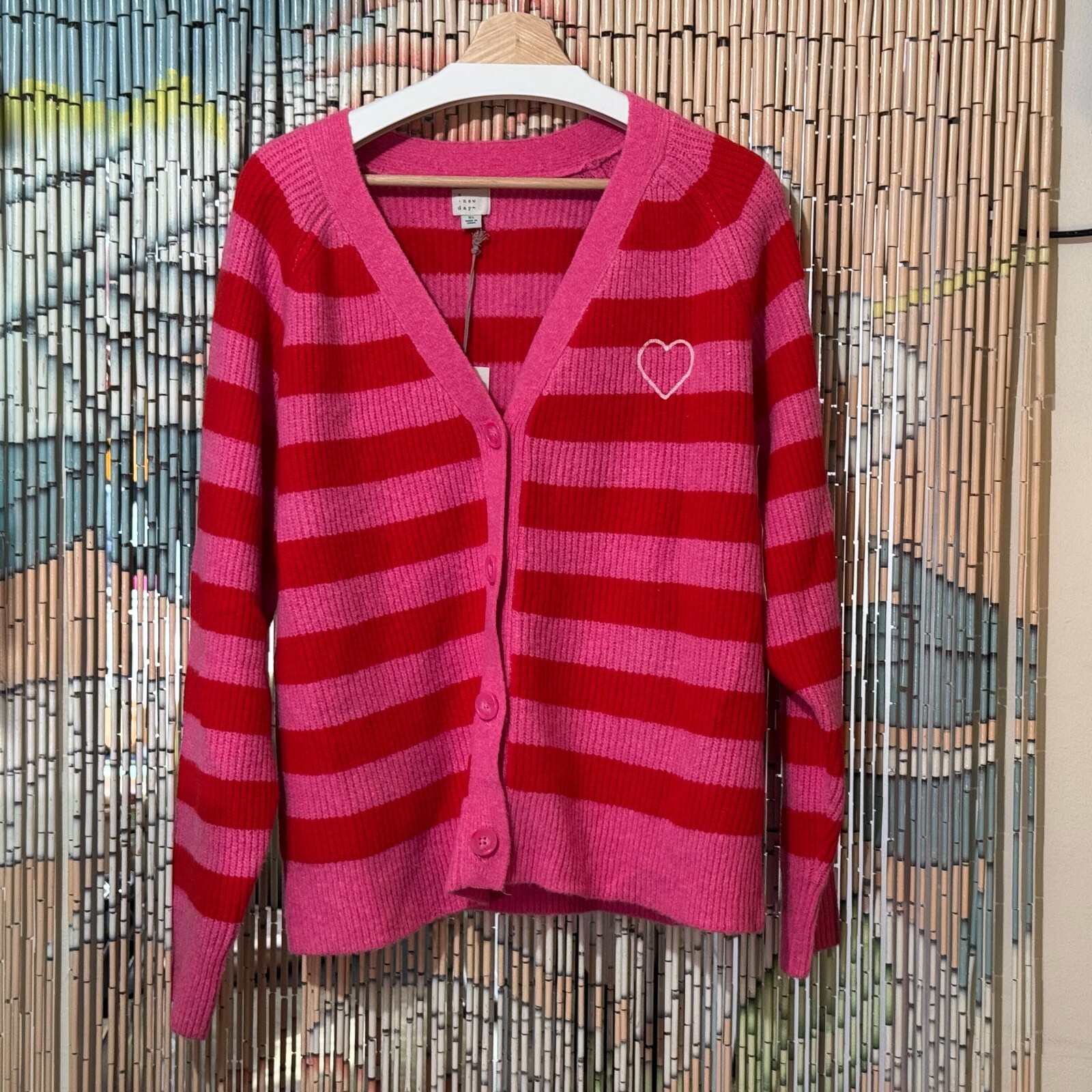 A New Day™ Button-Down Cardigan, Pink/Red Striped, XL | eBay